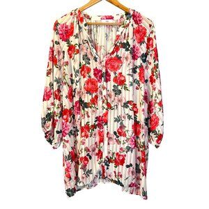 NSR Floral White & Pink Pleated Tunic Top 3X Mature Office Flowy Career Artsy